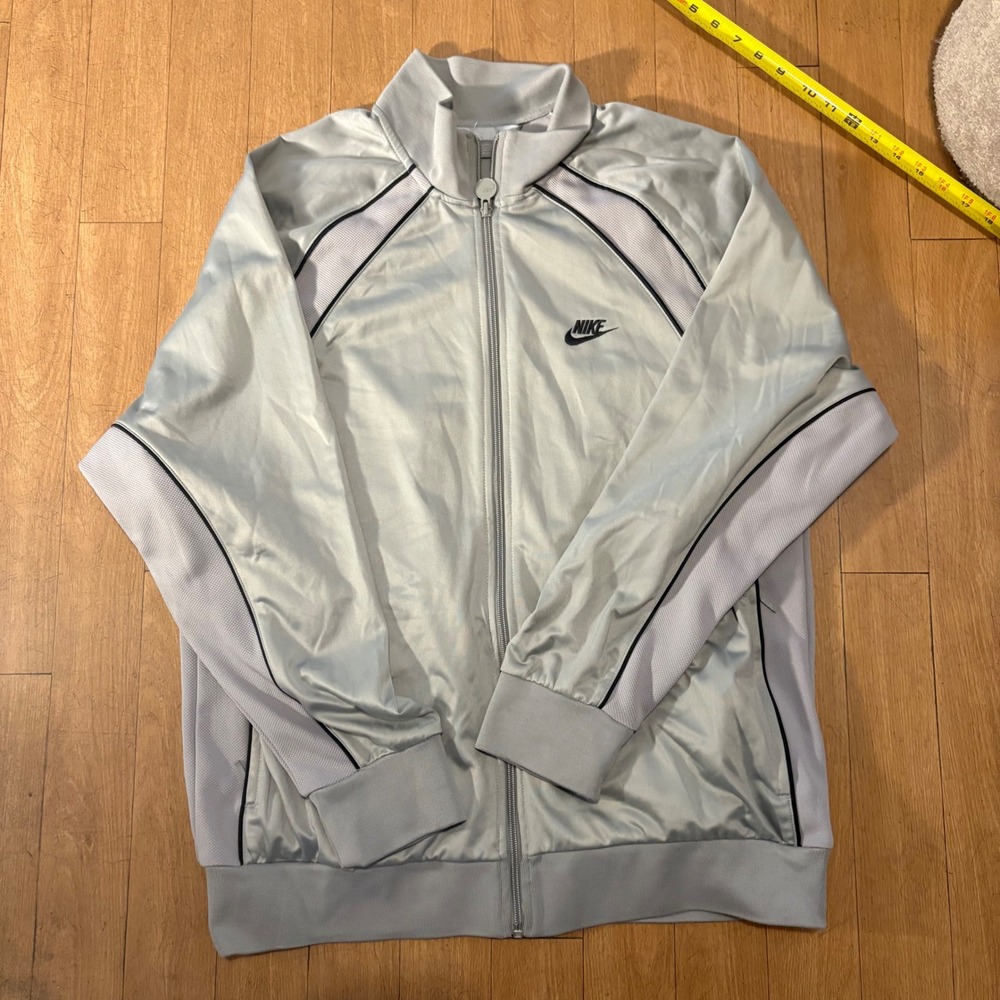 Nike Mens Track Jacket Silver Grey Full Zip Mesh Inset Satin Finish Medium